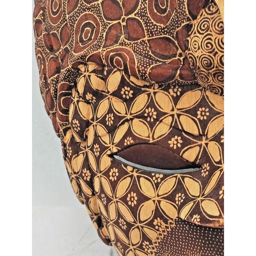Hand‎ Carved Indonesian Batik Wood Mask Batik Pattern Bird Motif Wall Art EUC